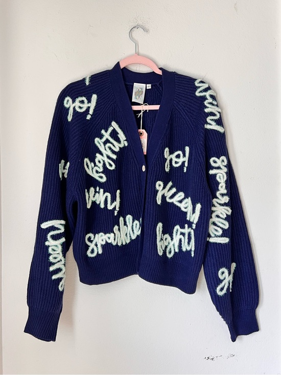 QUEEN OF SPARKLES Sweaters - NWT Queen of Sparkles Go Win Fight Navy White Cardigan Small Cheer Game Day